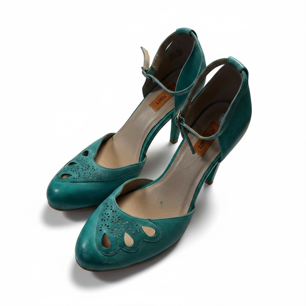 Miz Mooz Cherub Teal Leather Laser Cut D'Orsay Ankle Strap Heels Size 6